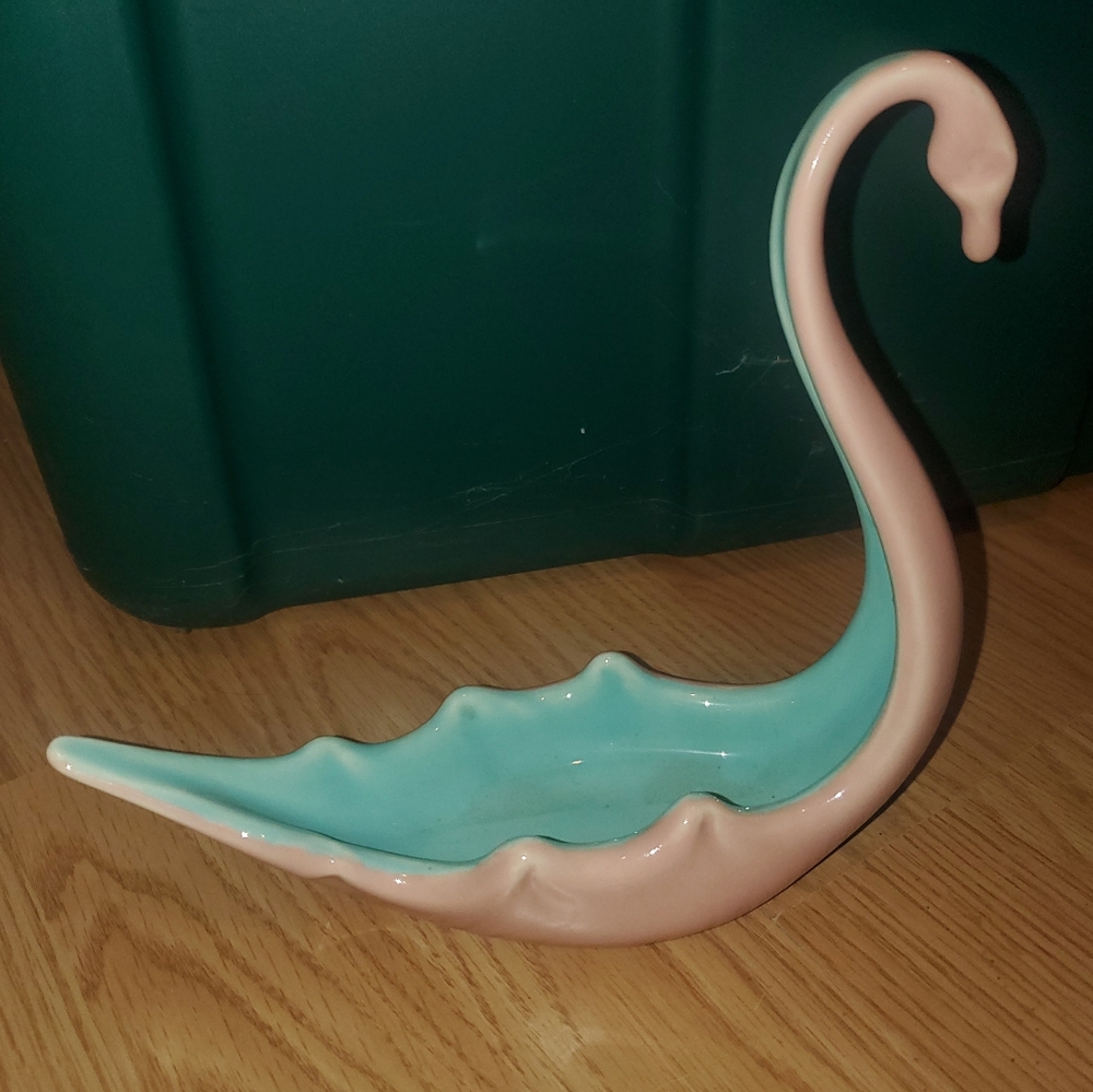 Vintage Ceramic Pink Swan, Teal Blue Interior Dish Soap / Trinket & Keys Tray